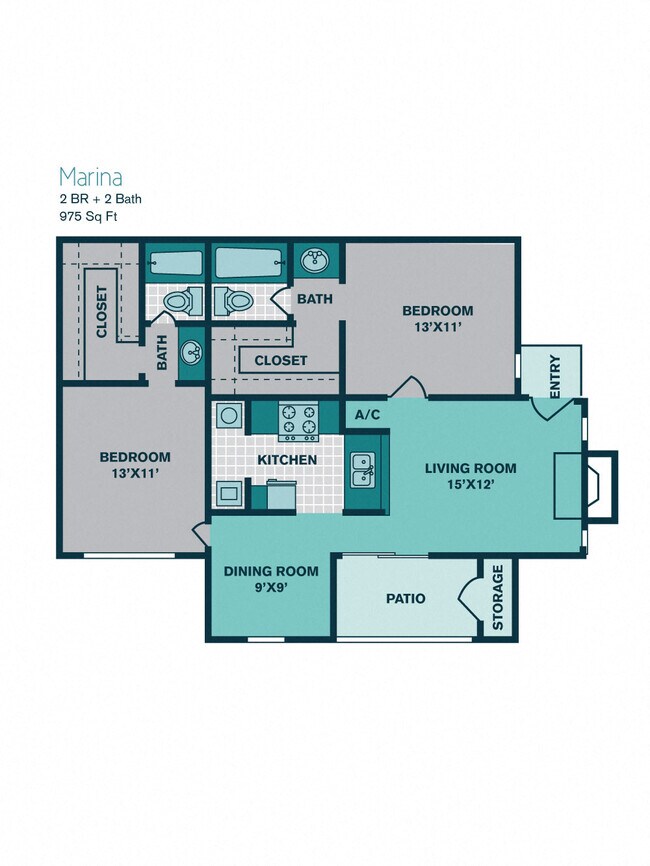 2 Bed 2 Bath B2 - 975sqft - MARINA 0289W floor plan